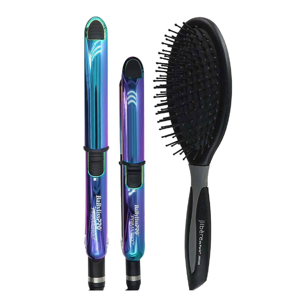 BaByliss Pro Nano Titanium Limited Edition 1" Iridescent Prima Stainless Steel & 3/4" Mini Prima Styling Irons Combo BNTPPRB75 with Ergo-Grip Detangler Brush