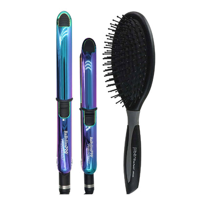 BaByliss Pro Nano Titanium Limited Edition 1" Iridescent Prima Stainless Steel & 3/4" Mini Prima Styling Irons Combo BNTPPRB75 with Ergo-Grip Detangler Brush