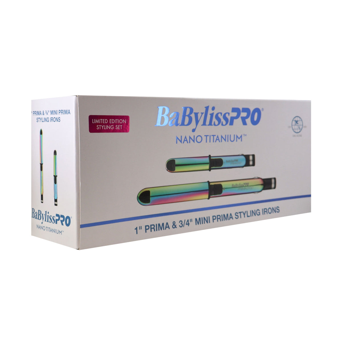 BaByliss Pro Nano Titanium Limited Edition 1" Iridescent Prima Stainless Steel & 3/4" Mini Prima Styling Irons Combo BNTPPRB75 with Ergo-Grip Detangler Brush