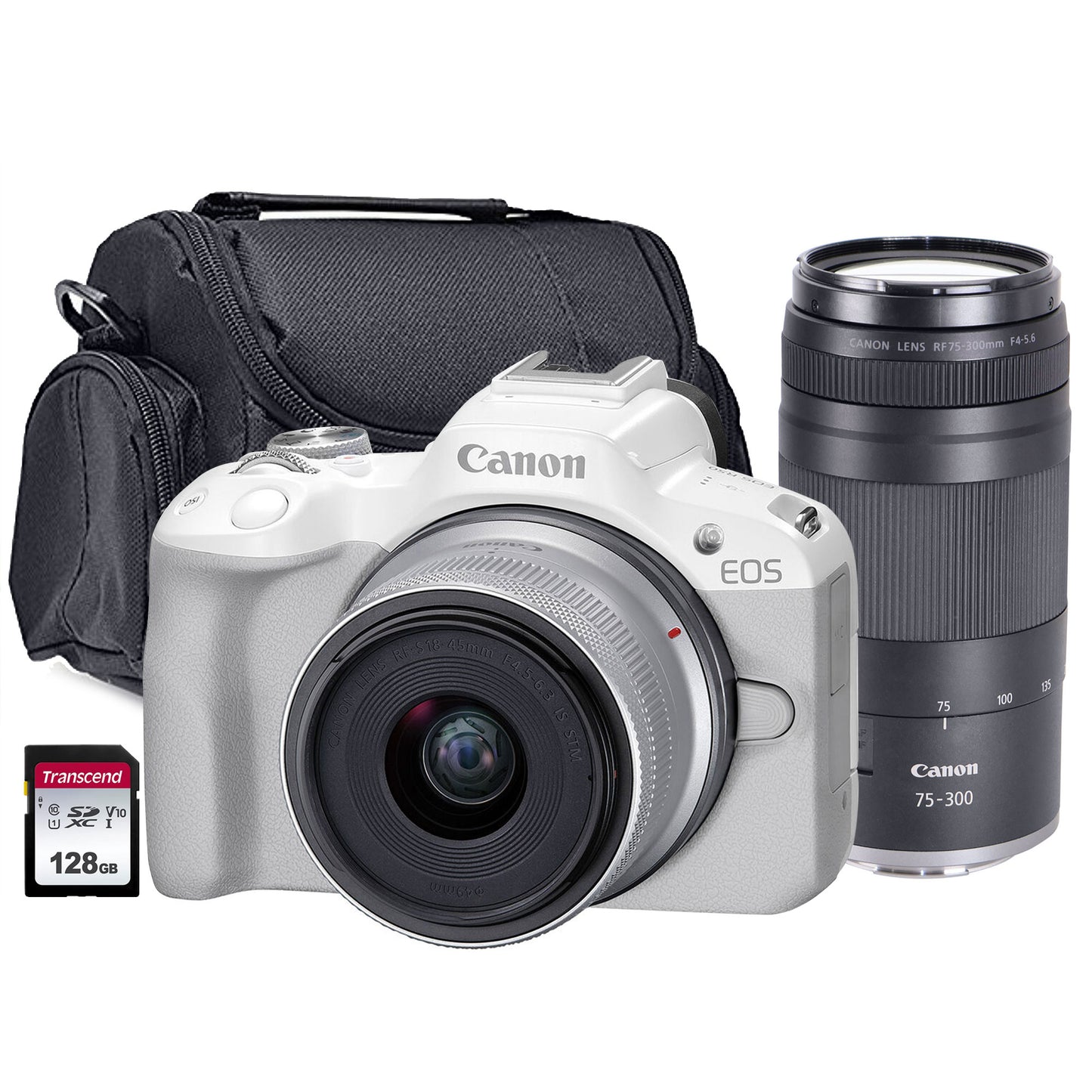 Canon EOS R50 Mirrorless Camera with 18-45mm Lens (White) + RF 75-300mm f/4-5.6 Lens (Canon RF) Bundle