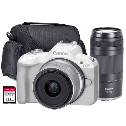 Canon EOS R50 Mirrorless Camera with 18-45mm Lens (White) + RF 75-300mm f/4-5.6 Lens (Canon RF) Bundle