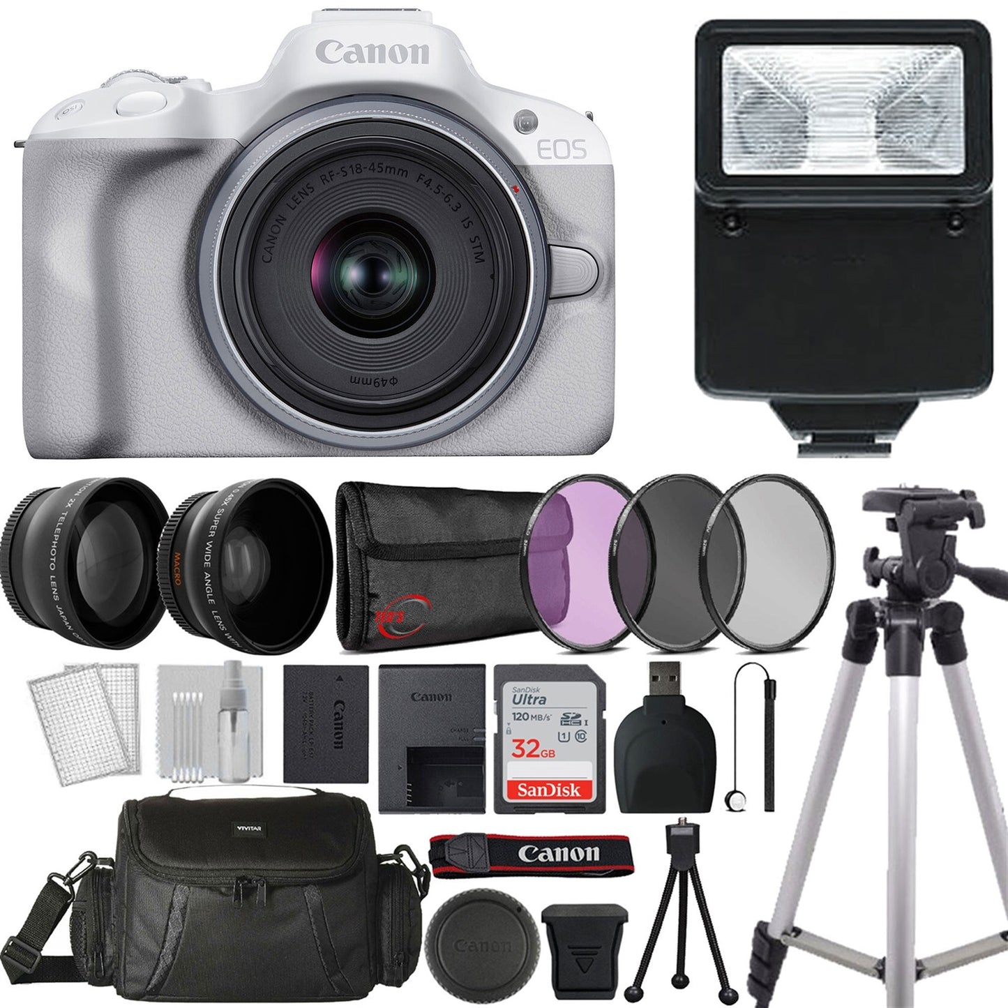 Canon EOS R50 Mirrorless Camera (White) with 18-45mm Lens Complete Creator Bundle
