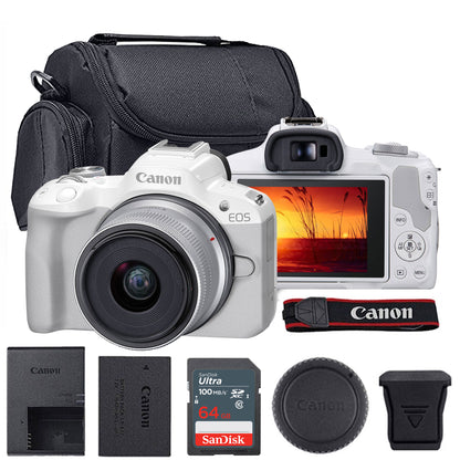 Canon EOS R50 Mirrorless Camera with 18-45mm Lens (White) and SanDisk 64GB Ultra SDXC UHS I Memory Card + Case