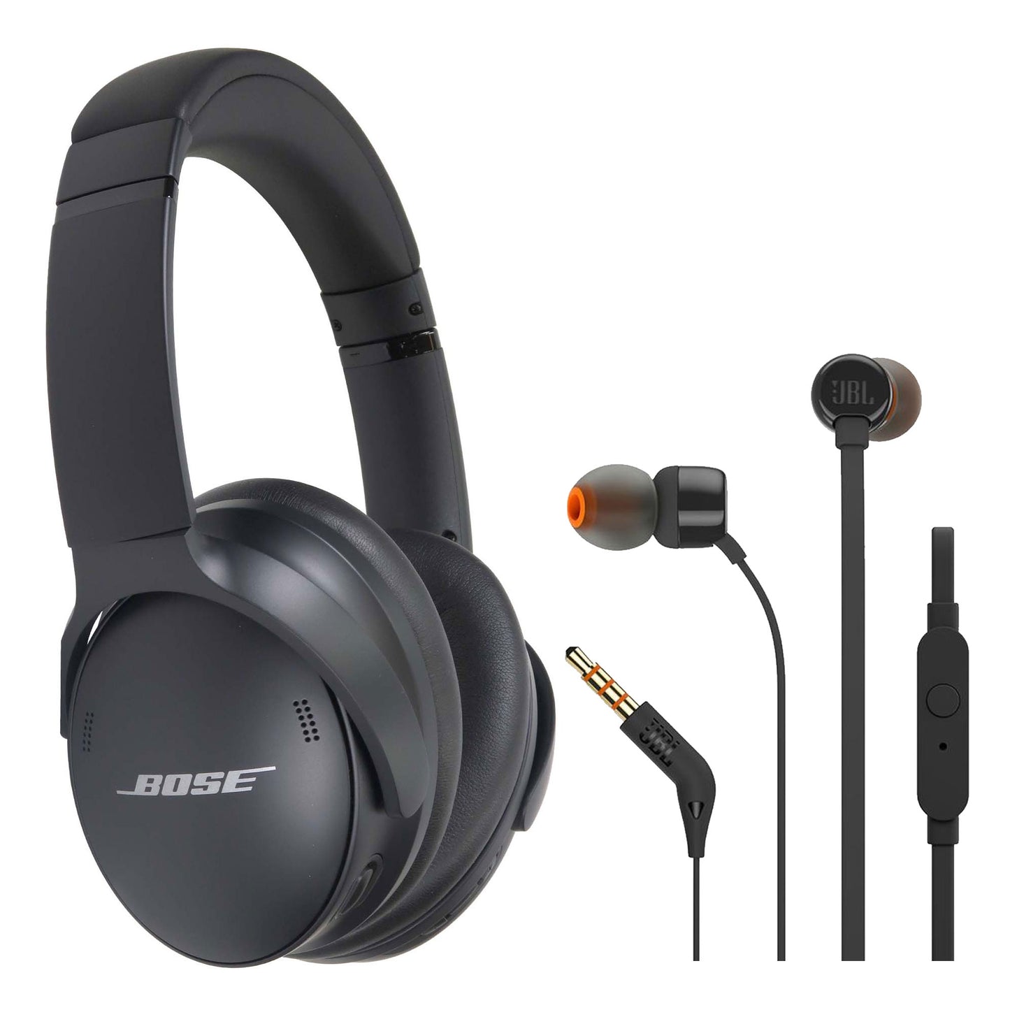Bose QuietComfort SC Wireless Over-Ear Active Noise Canceling Headphones (Black) 884367-0900 with Soft Case + JBL T110 in Ear Headphones Black