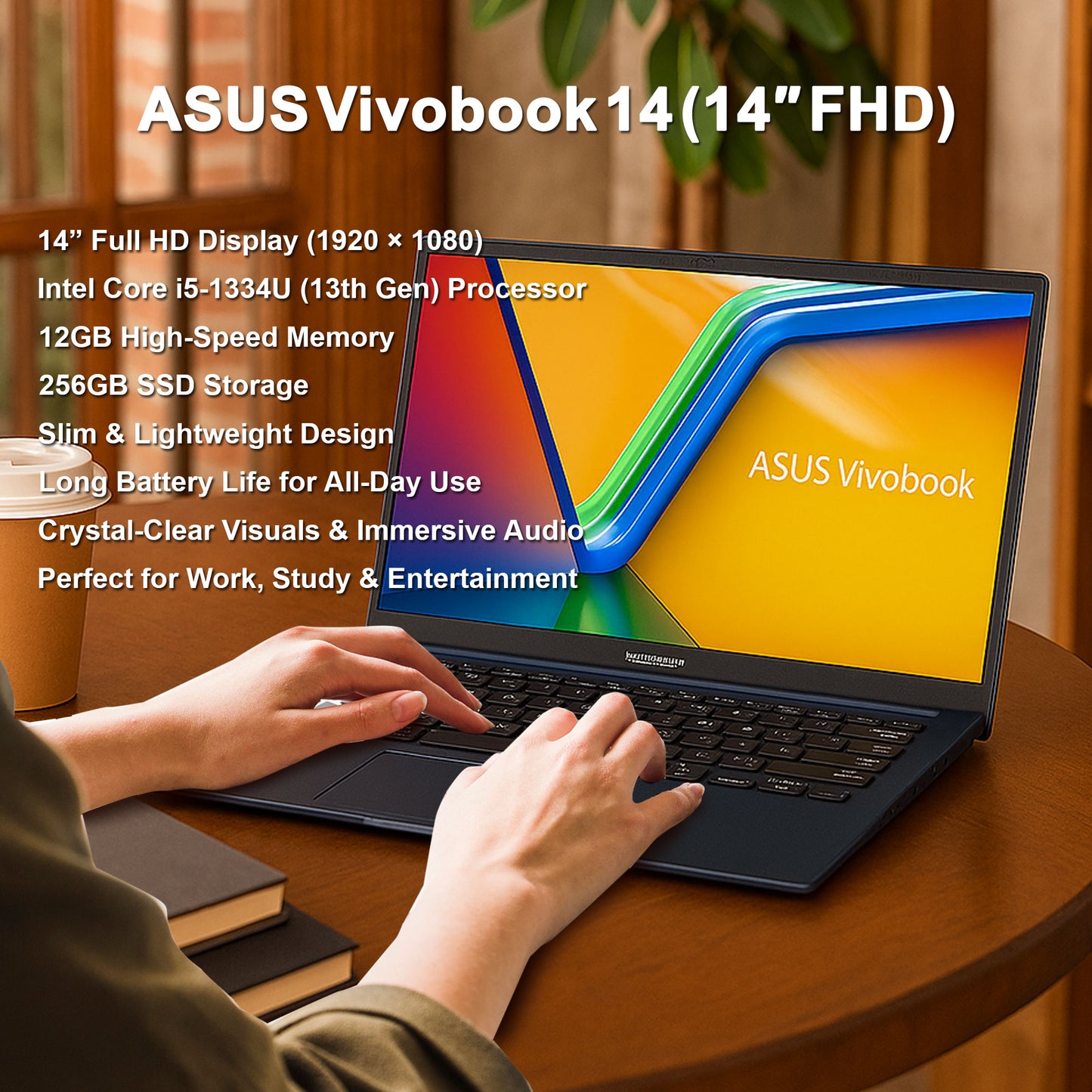 ASUS Vivobook 14 14" FHD Laptop - Intel 13th Core i5-1334 - 12GB Memory, 256GB SSD (Quiet Blue) with 256GB 300S UHS-I microSDXC Card and USB Card Reader