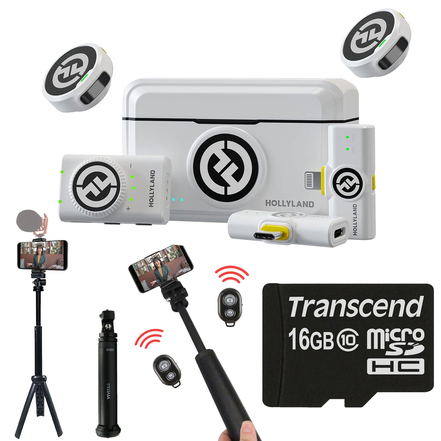 Hollyland LARK M2 DUO 2-Person Wireless Combo Microphone System (2.4 GHz, Ivory White) + Vivitar 13 Inch Foldable Pocket Tripod with Wireless Remote and Smart Phone Bracket + 16GB Transcend MicroSD Memory Card with Adapter