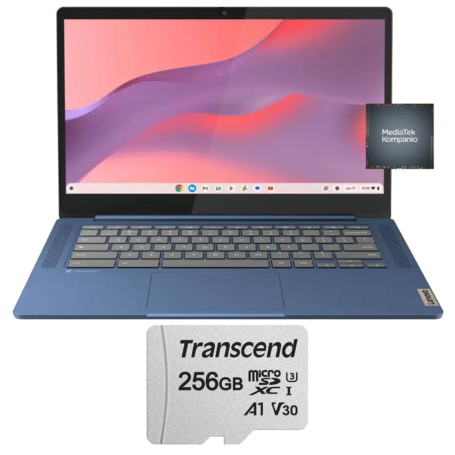 Lenovo IdeaPad Slim 3 Chromebook 14" Full HD Laptop - MediaTek Kompanio 520 - 4GB Memory - 64GB eMMC (Abyss Blue) with Transcend 256GB 300S UHS-I microSDXC Memory Card