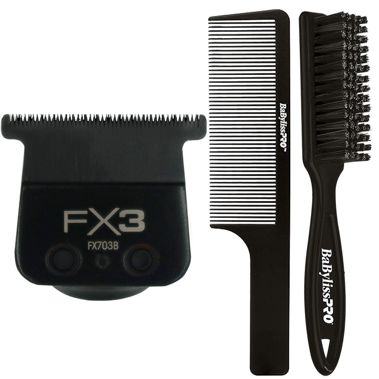 BaByliss Pro FX3 Titanium Carbon-Nitride Standard-Tooth Ultra-Thin Replacement T-Blade FX703B with Fade Brush and 9" Comb Black