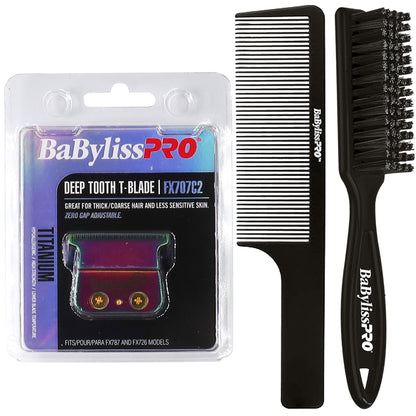 BaByliss Pro ChameleonFX Replacement Titanium Deep Tooth T-Blade FX707C2 with Fade Brush and 9" Comb Black