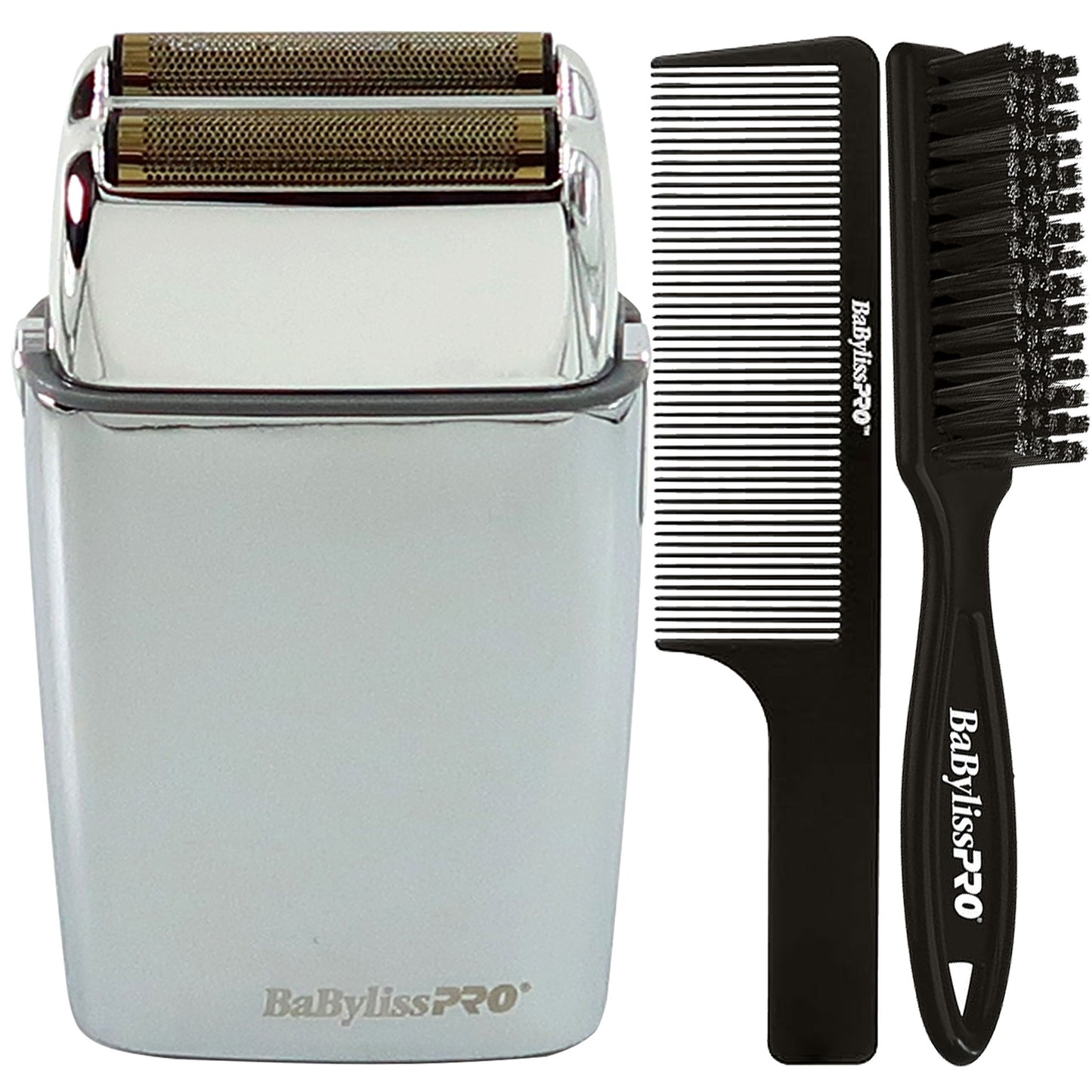 BaByliss Pro FOILFX02 Cordless Metal Double Foil Shaver FXFS2S Silver with Fade Brush and 9" Comb