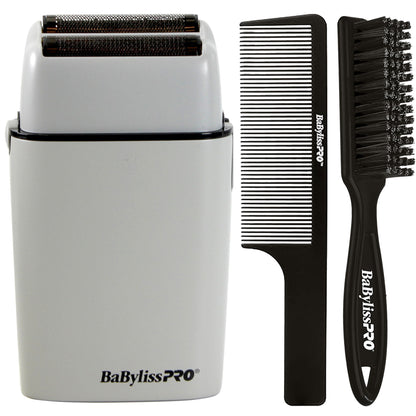 BaByliss Pro LIMITED EDITION Cordless Metal Double Foil Shaver (Gray) FXFS2GY with Fade Brush BPFADEB and 9" Comb
