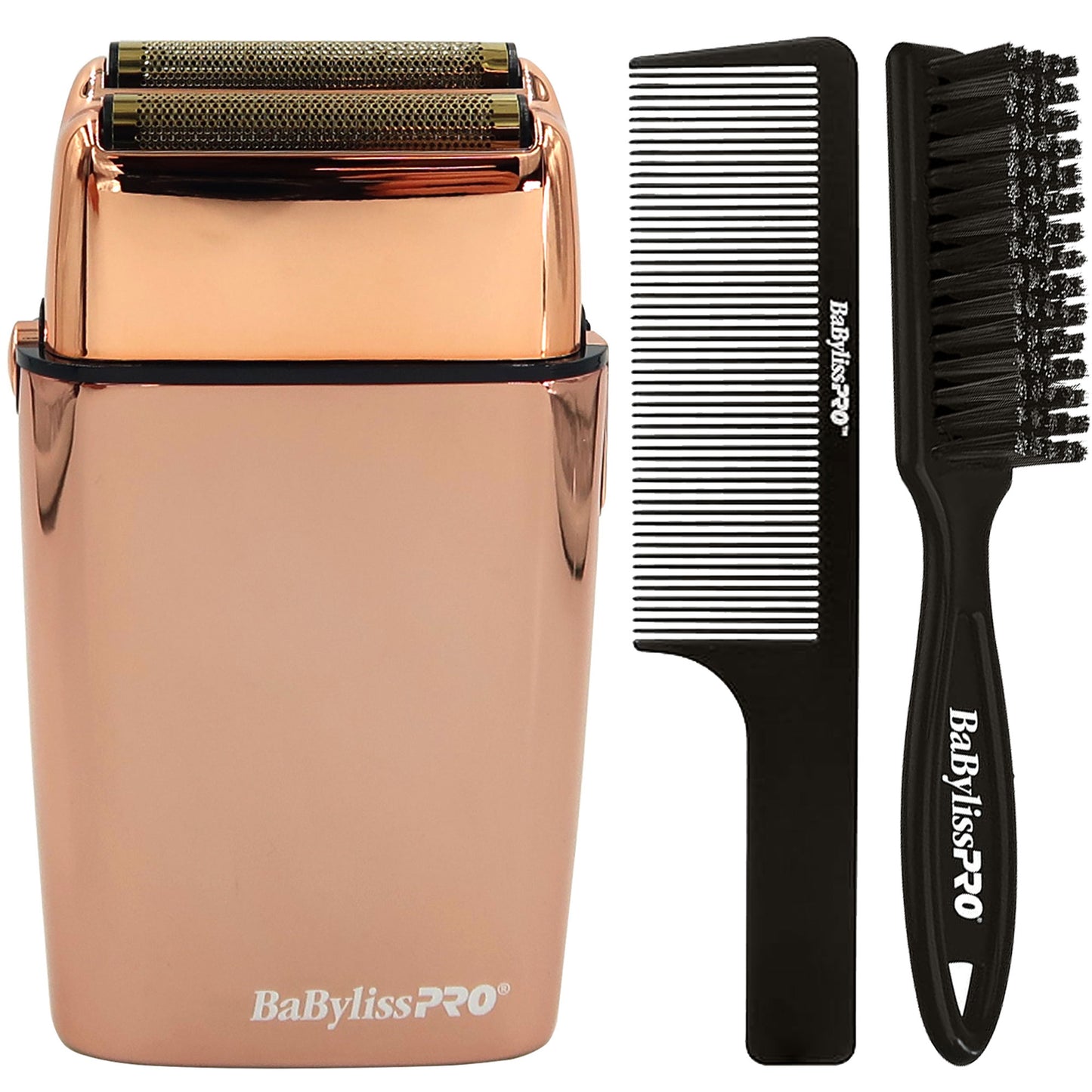 BaByliss Pro FOILFX02 Cordless Metal ROSE GOLD Double Foil Shaver FXFS2RG with Fade Brush BPFADEB and 9" Comb