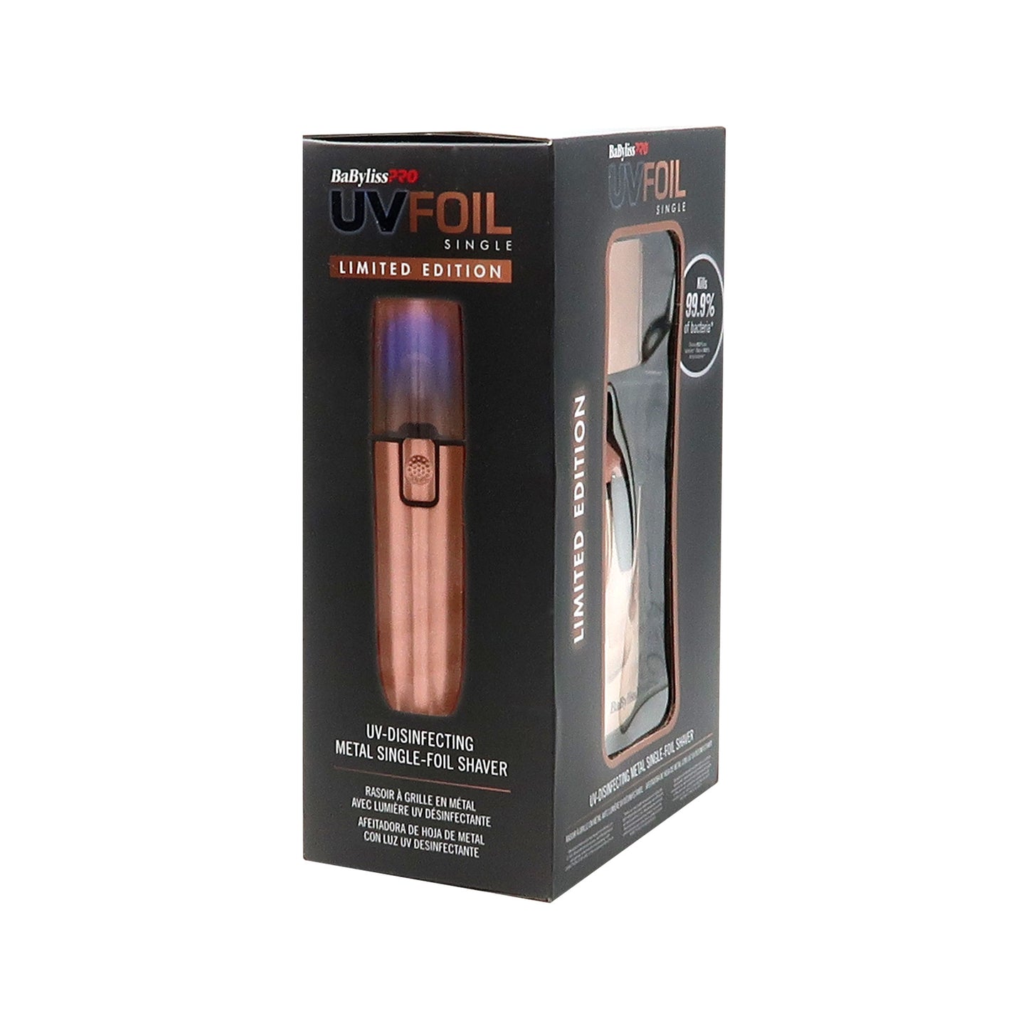 BaByliss Pro LIMITED EDITION UVFOIL UV-Disinfecting Metal Single Foil Shaver - Rose Gold FXLFS1RG with Fade Brush BPFADEB and 9" Comb