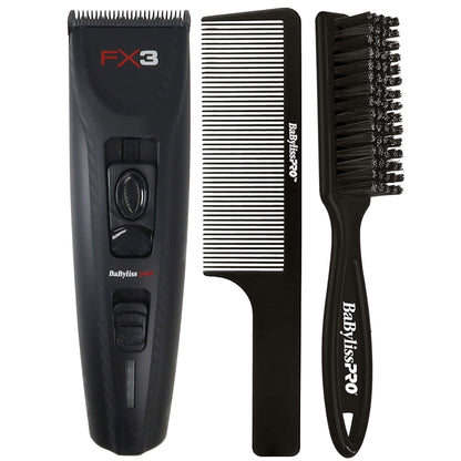 BaByliss Pro FX3 Black High Torque Cordless Clipper FXX3CB (Black) + BaByliss Pro Fade Brush BPFADEB + BaByliss Pro 9" Comb