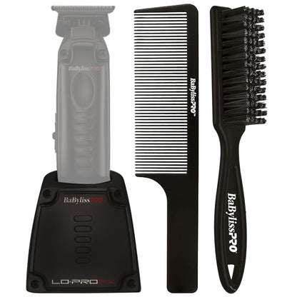 BaByliss Pro LO-PROFX Trimmer Charging Base #FX726BASE + BaByliss Pro Fade Brush BPFADEB + BaByliss Pro 9" Clipper Comb