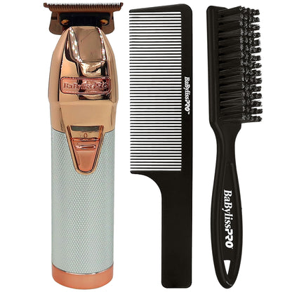BaByliss Pro ROSEFX+ Professional Cord/Cordless All-Metal Lithium Outlining Trimmer Rose Gold FX787NRG with Fade Brush and 9" Comb