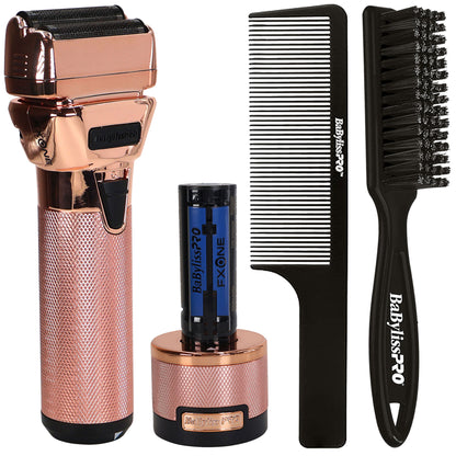 BaByliss Pro FXONE ROSEFX All-Metal Interchangeable-Battery Shaver FX79FSRG with Fade Brush and 9" Comb
