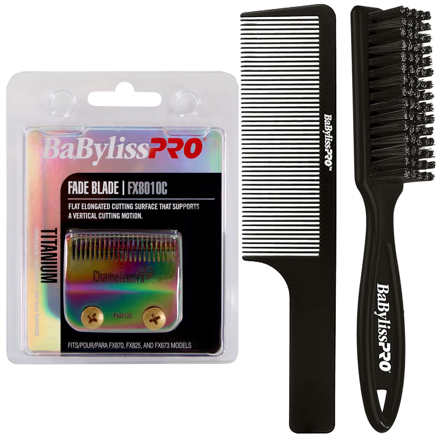 BaByliss Pro Replacement Titanium Fade Blade #FX8010C Fits for FX870, FX825 and FX673 Models + BaByliss Pro Fade Brush BPFADEB + BaByliss Pro 9" Clipper Comb