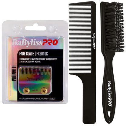 BaByliss Pro Replacement Titanium Fade Blade #FX8010C Fits for FX870, FX825 and FX673 Models + BaByliss Pro Fade Brush BPFADEB + BaByliss Pro 9" Clipper Comb