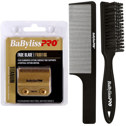 BaByliss Pro Replacement Gold Titanium Fade Blade #FX8010G Fits for FX870, FX825, and FX673 Models + BaByliss Pro Fade Brush BPFADEB + BaByliss Pro 9" Clipper Comb