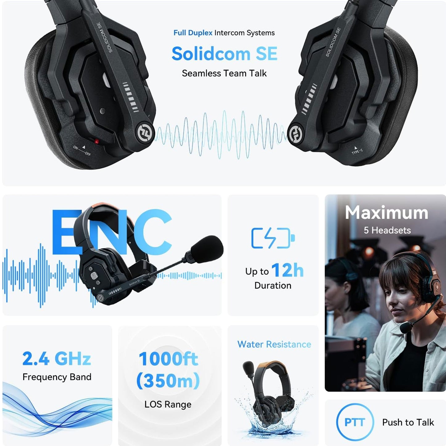 Hollyland Solidcom SE Global 2S 2-Person Full-Duplex Single-Ear Noise Cancellation Wireless Intercom Headset System (2.4 GHz)
