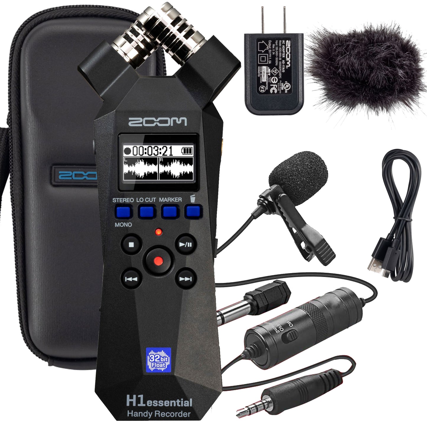 Zoom H1essential 2-Track 32-Bit Float Portable Audio Recorder with Zoom APH-1e Accessory Pack and Professional Lavalier Condenser Microphone