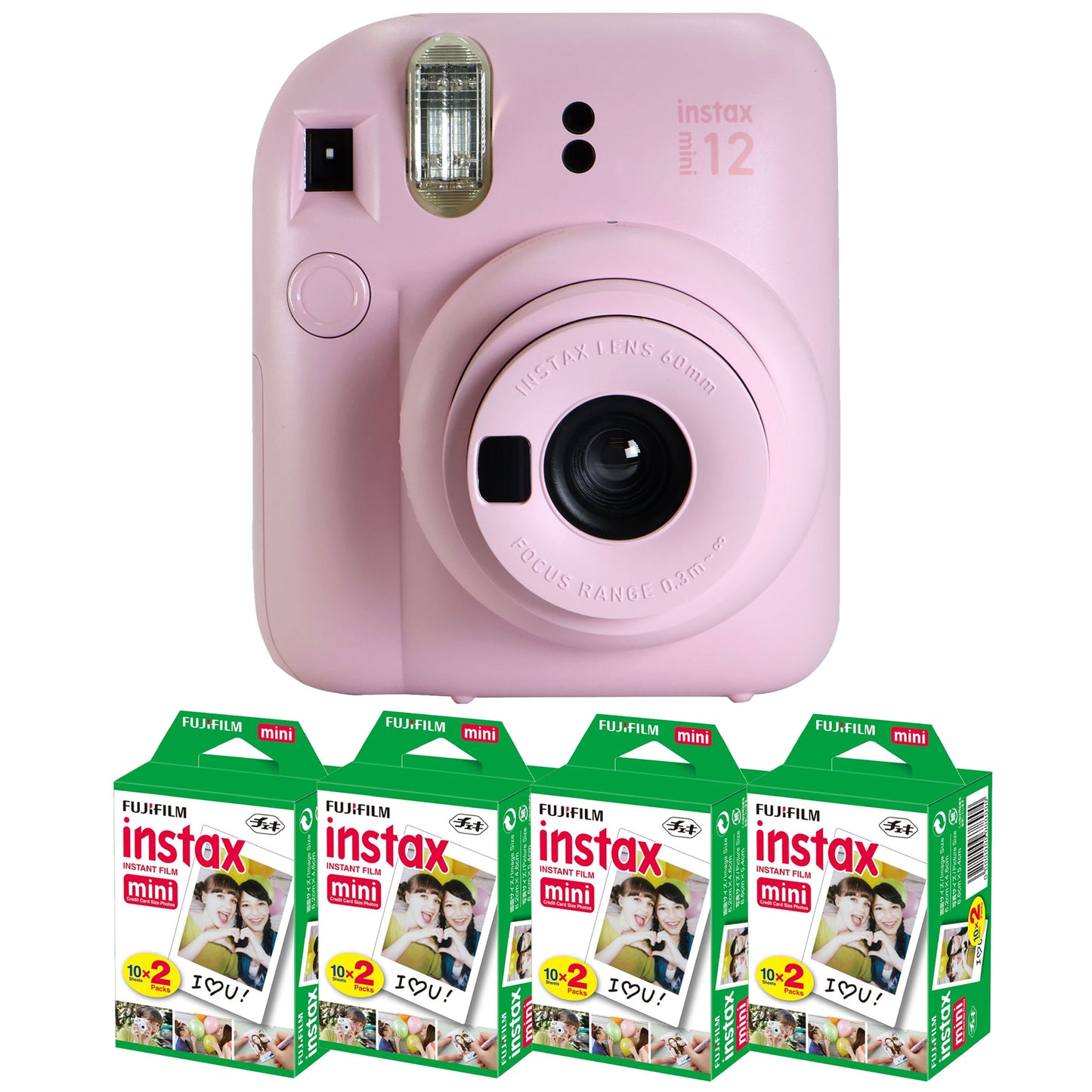 FUJIFILM INSTAX MINI 12 Instant Film Camera (Blossom Pink) with 4x Fujifilm 2x10 Film Mini Instax Film Pack