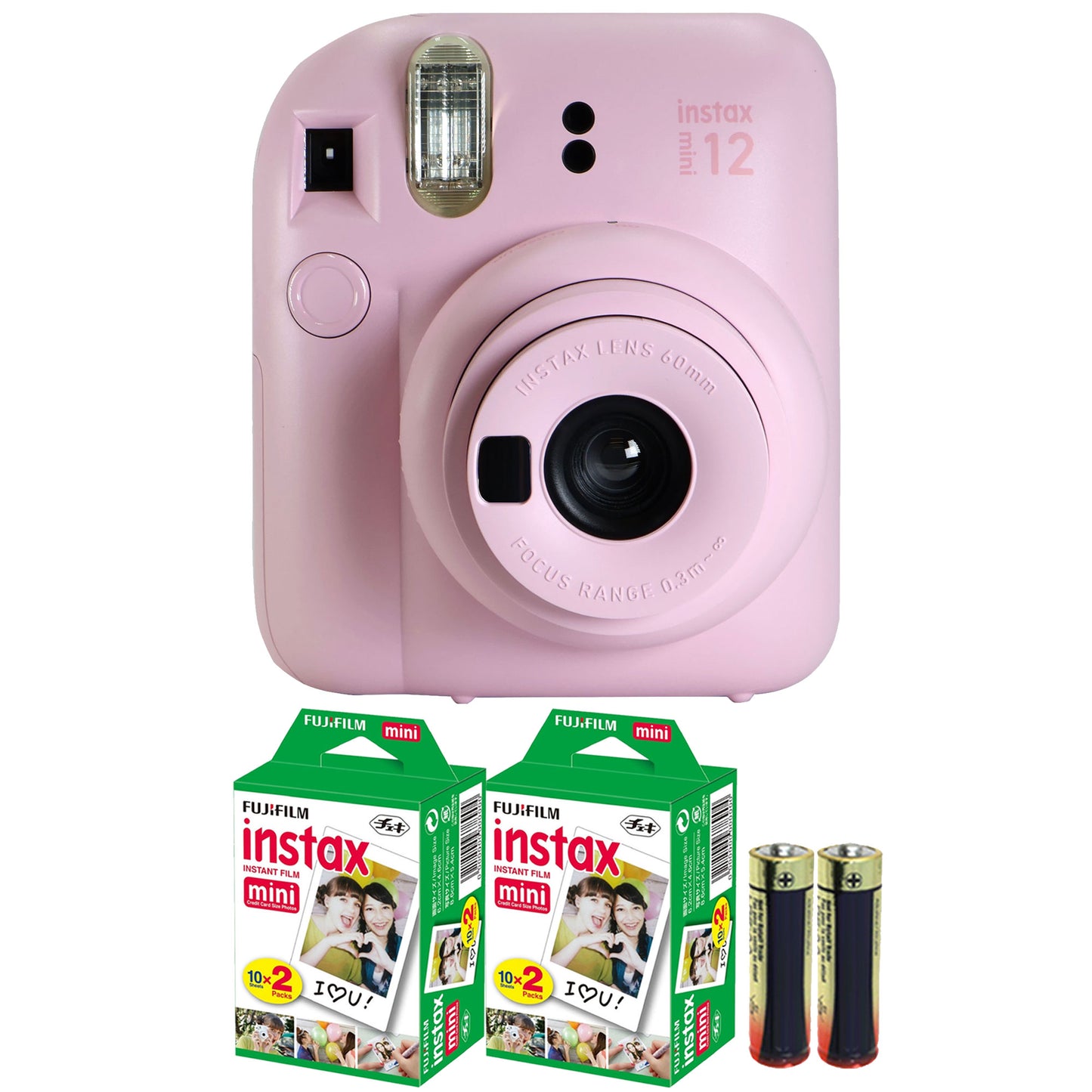 FUJIFILM INSTAX MINI 12 Instant Film Camera (Blossom Pink) with 2x Fujifilm 2x10 Film Mini Instax Film Pack and Panasonic Alkaline 2 "AA" Batteries