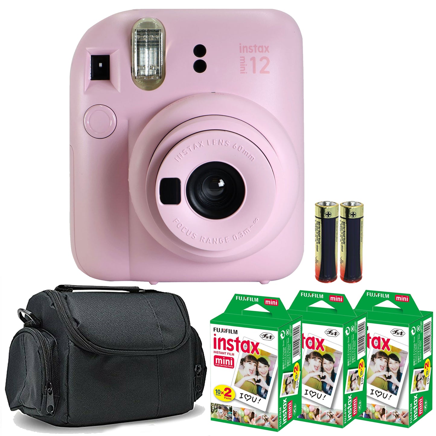 FUJIFILM INSTAX MINI 12 Instant Film Camera (Blossom Pink) + 3x Fujifilm 2x10 Film Mini Instax Film Pack + Panasonic Alkaline 2 "AA"  Batteries + BePro BC-1 Case (Small)