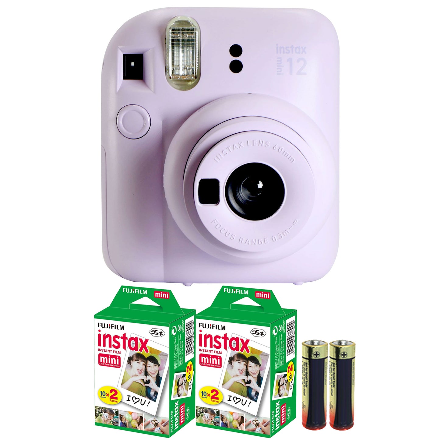 FUJIFILM INSTAX MINI 12 Instant Film Camera (Lilac Purple) with 2x Fujifilm 2x10 Film Mini Instax Film Pack and Panasonic Alkaline 2 "AA" Batteries