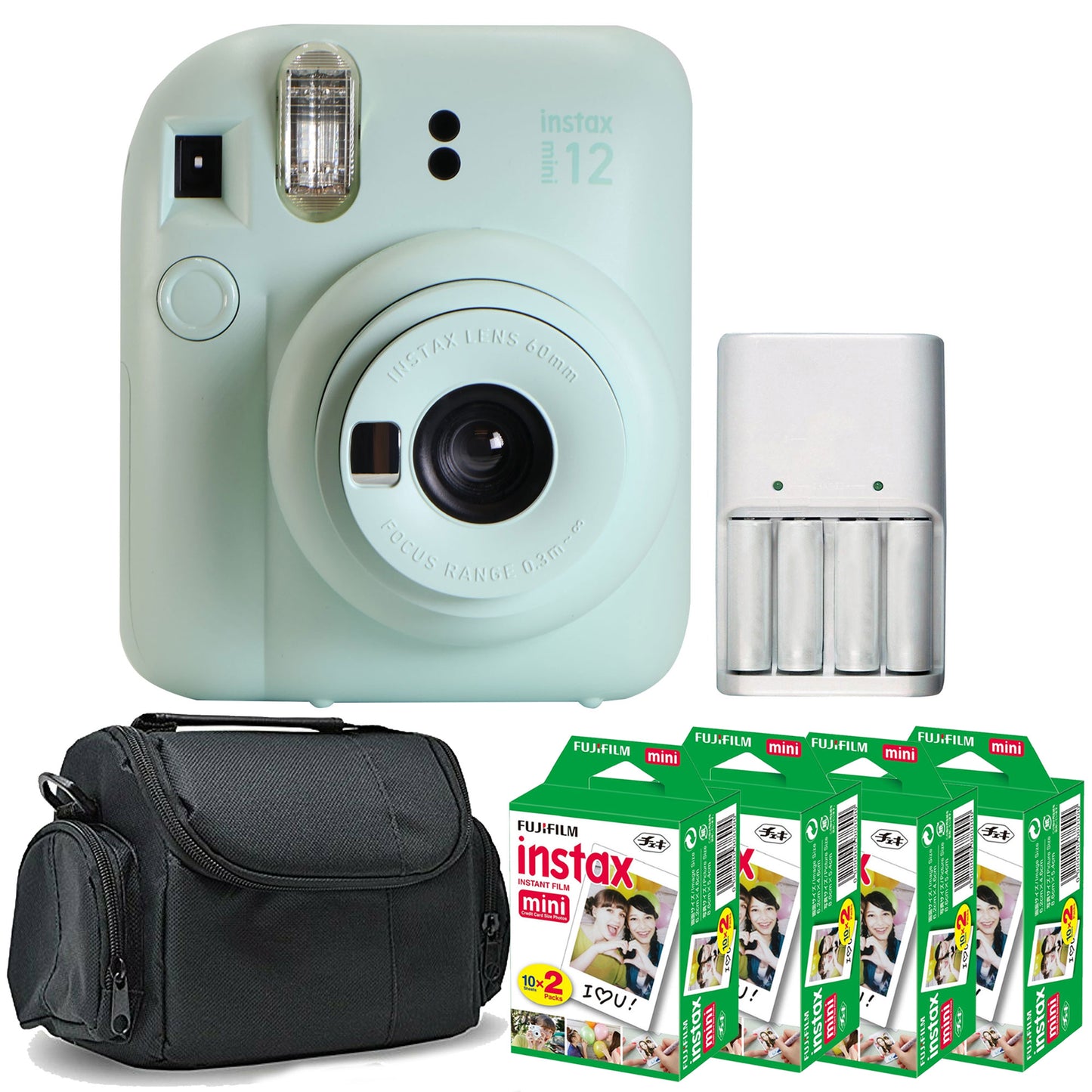 FUJIFILM INSTAX MINI 12 Instant Film Camera (Mint Green) with 4x Fujifilm 2x10 Film Mini Instax Film Pack Bundle