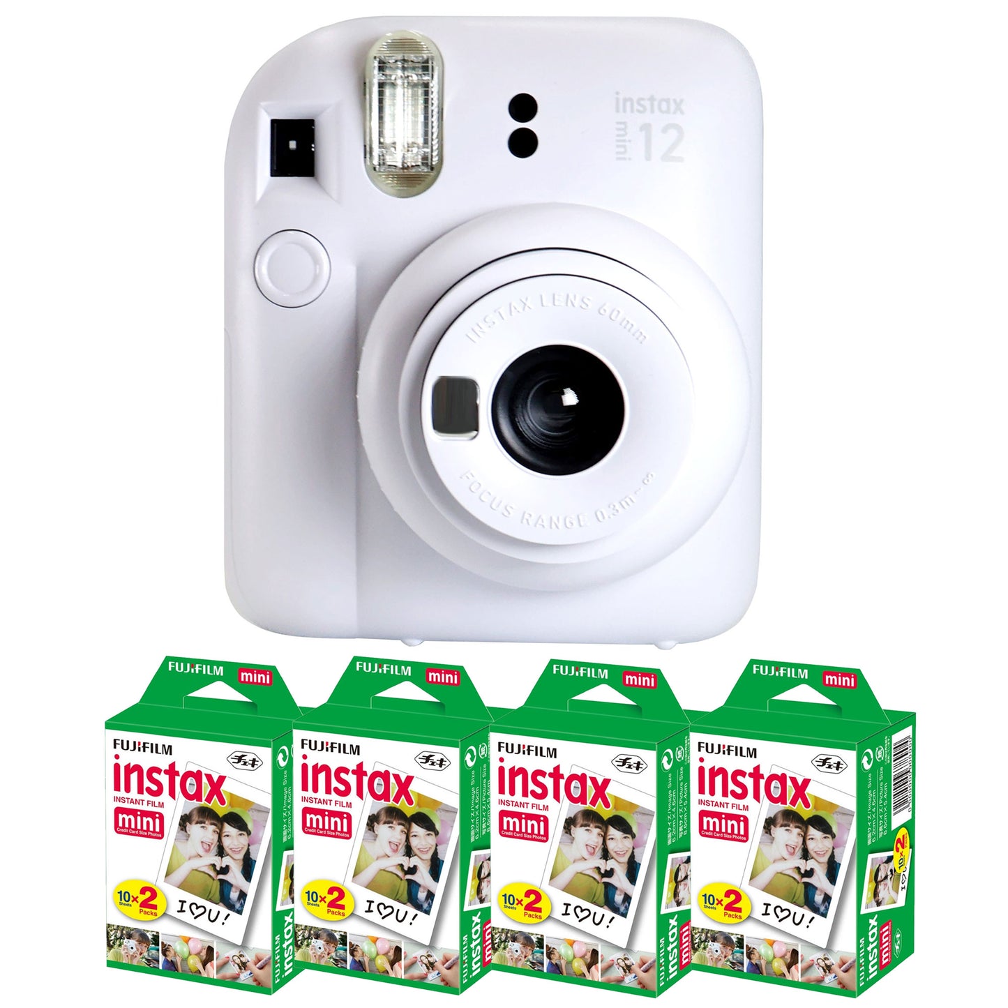 FUJIFILM INSTAX MINI 12 Instant Film Camera (Clay White) with 4x Fujifilm 2x10 Film Mini Instax Film Pack