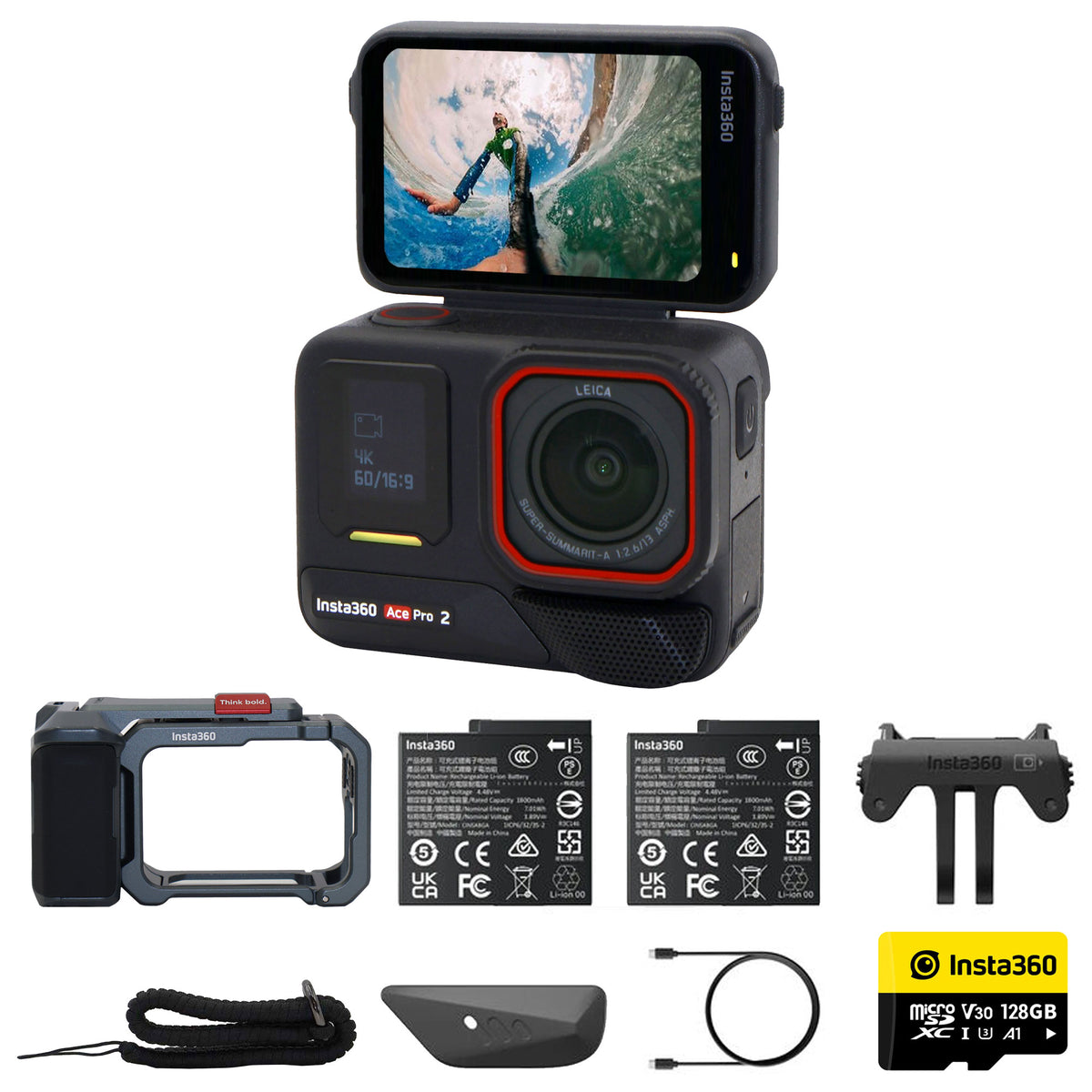 Insta360 Ace Pro 2 Xplorer Dual Battery Waterproof Action Camera Bundle with 128GB Card