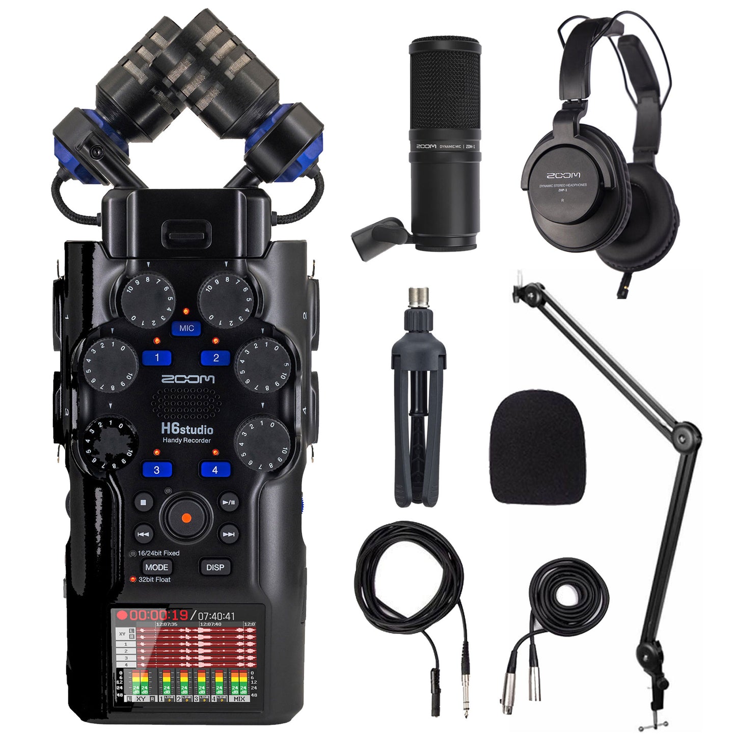 Zoom H6studio 6-Track Handy Recorder with 32-Bit Float Recording with Zoom ZDM-1 Podcast Accessory Mic Pack and Desk Holder Mic Stand Bracket