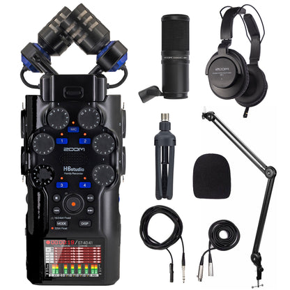 Zoom H6studio 6-Track Handy Recorder with 32-Bit Float Recording with Zoom ZDM-1 Podcast Accessory Mic Pack and Desk Holder Mic Stand Bracket
