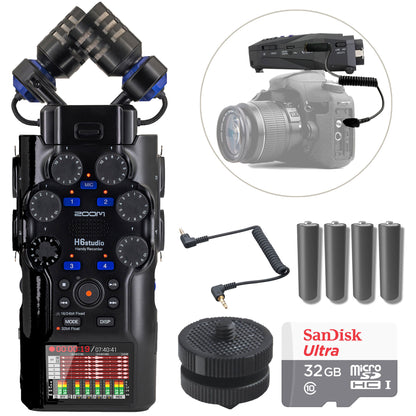 Zoom H6studio 6-Track Handy Recorder w/ 32-Bit Float Recording with Zoom HS-1 Adapter and Zoom SMC-1 Stereo Mini Cable + 32GB Card