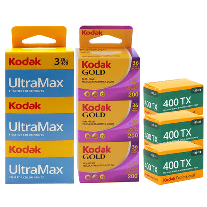 Kodak GOLD 200 & UltraMax 400 Color Negative Film 36 Exp - 3 Pack with 3x Pro 400TX Tri-X 400 Black & White Negative Film - 24 Exp