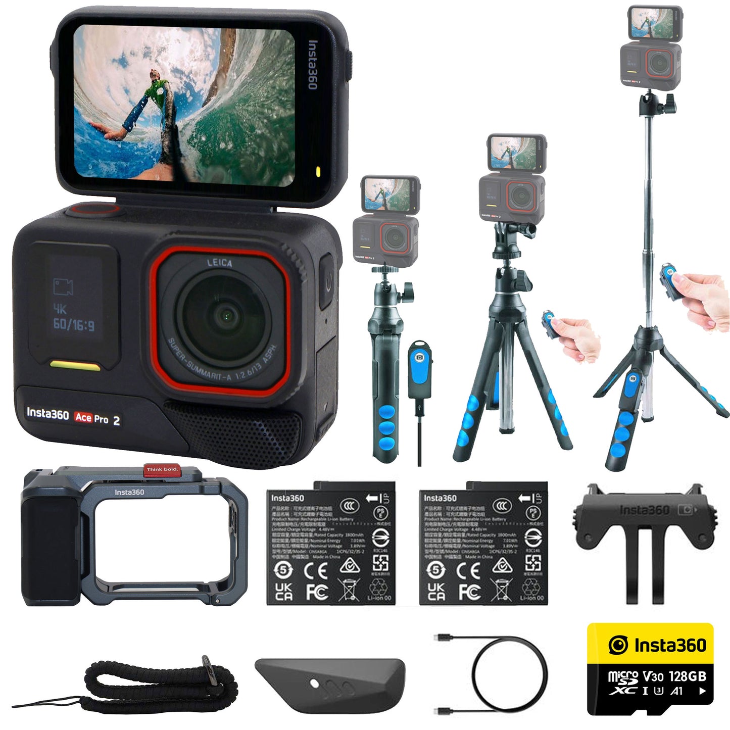 Insta360 Ace Pro 2 Xplorer Dual Battery Waterproof Action Camera Bundle with 128GB Card and 7-in-1 Streaming Essentials Selfie Tripod Stick