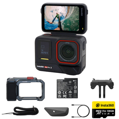 Insta360 Ace Pro 2 Xplorer Dual Battery Waterproof Action Camera Bundle with 128GB Card and 7-in-1 Streaming Essentials Selfie Tripod Stick