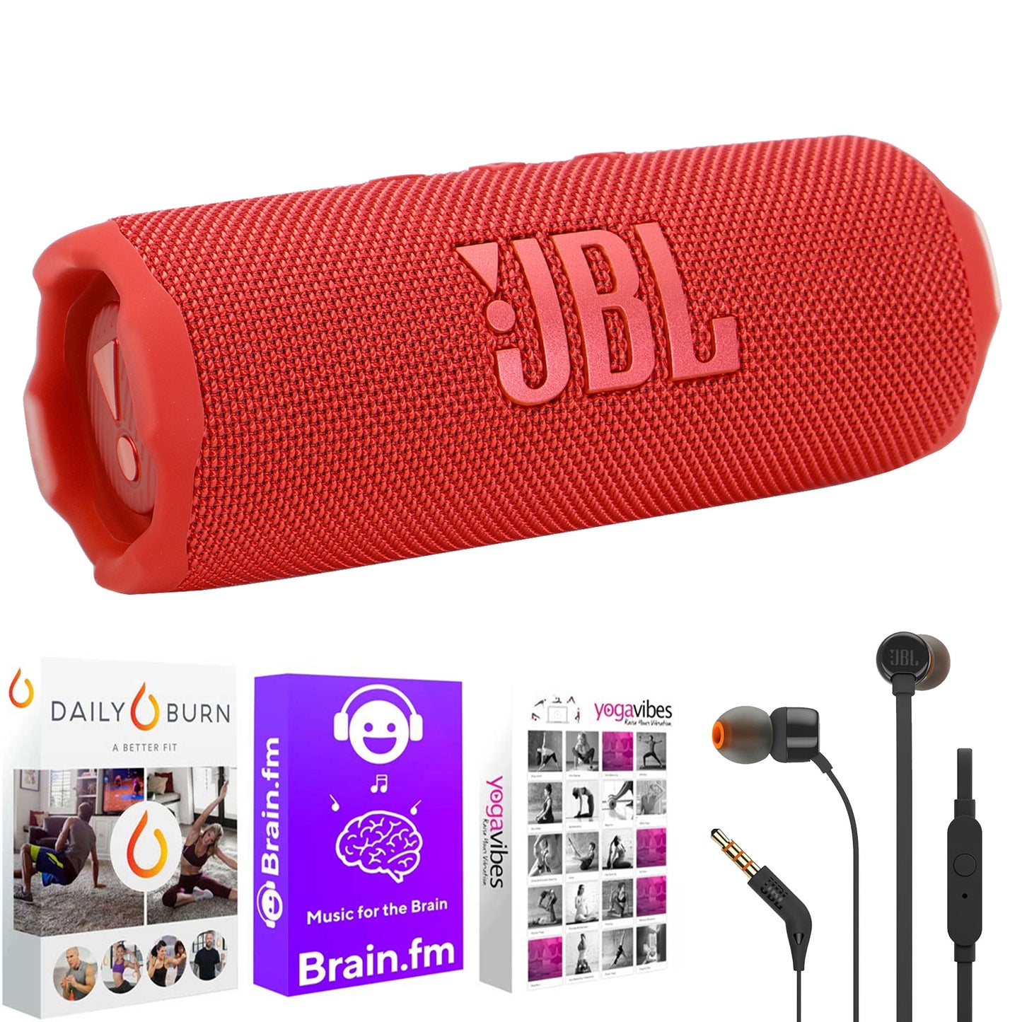 JBL Flip 7 Portable Waterproof Bluetooth Speaker (Red) with T110 in Ear Headphones Black and Fitness & Wellness Plus Software