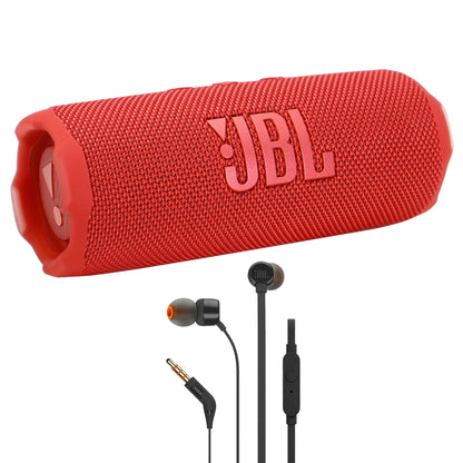 JBL Flip 7 Portable Waterproof Bluetooth Speaker (Red) with JBL T110 in Ear Headphones Black