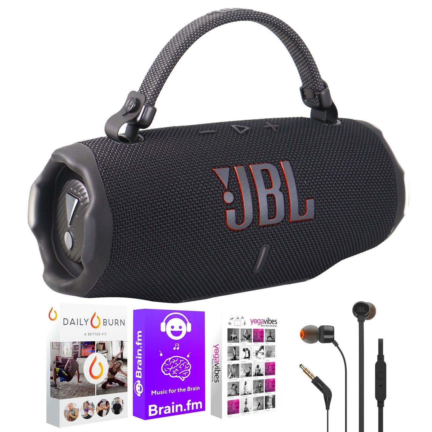 JBL Charge 6 Portable Waterproof Bluetooth Speaker (Black) with T110 in Ear Headphones and Fitness & Wellness Plus Software