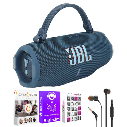 JBL Charge 6 Portable Waterproof Bluetooth Speaker (Blue) with T110 in Ear Headphones and Fitness & Wellness Plus Software