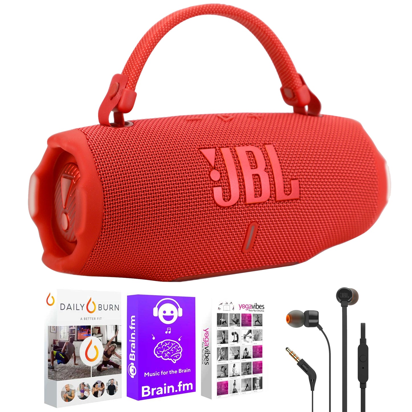 JBL Charge 6 Portable Waterproof Bluetooth Speaker (Red) with T110 in Ear Headphones and Fitness & Wellness Plus Software