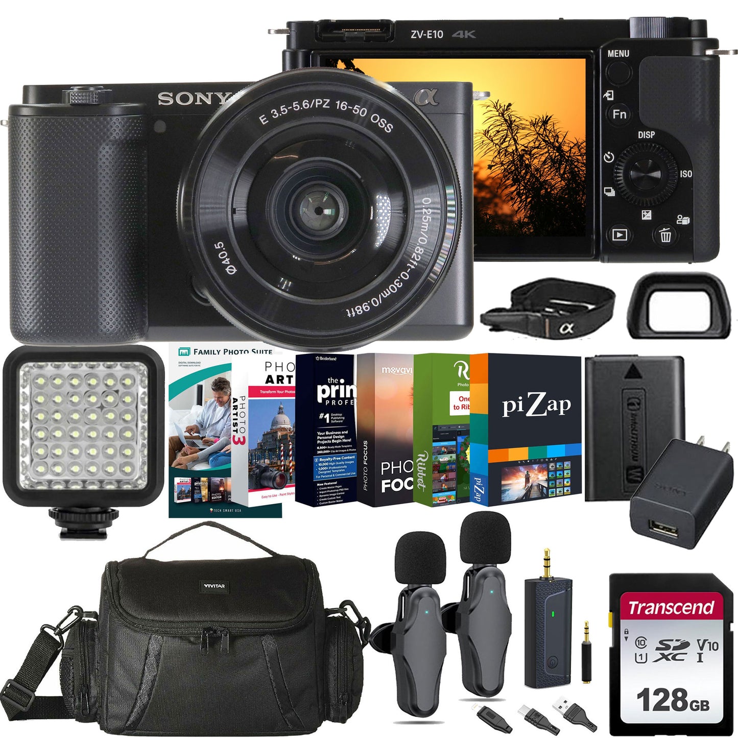 Sony ZV-E10 Mirrorless Camera (Black) with E PZ 16-50mm f/3.5-5.6 OSS II Lens All Inclusive Video Podcasting Kit