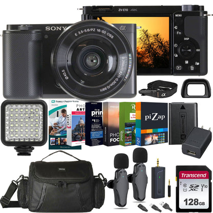 Sony ZV-E10 Mirrorless Camera (Black) with E PZ 16-50mm f/3.5-5.6 OSS II Lens All Inclusive Video Podcasting Kit