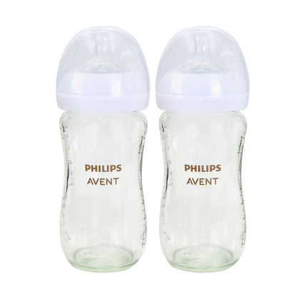 2x Philips Avent Natural Glass Baby Bottles with Natural Response Nipples (Medium Flow, Flow 3), 8oz, 2-Pack, SCY913/02