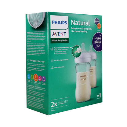 2x Philips Avent Natural Glass Baby Bottles with Natural Response Nipples (Medium Flow, Flow 3), 8oz, 2-Pack, SCY913/02