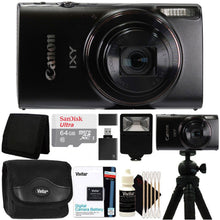 Canon PowerShot IXY 650 HS Black Camera with Case, 64GB MicroSD, Card Wallet, Tripod, Flash, Battery, Cleaning Kit