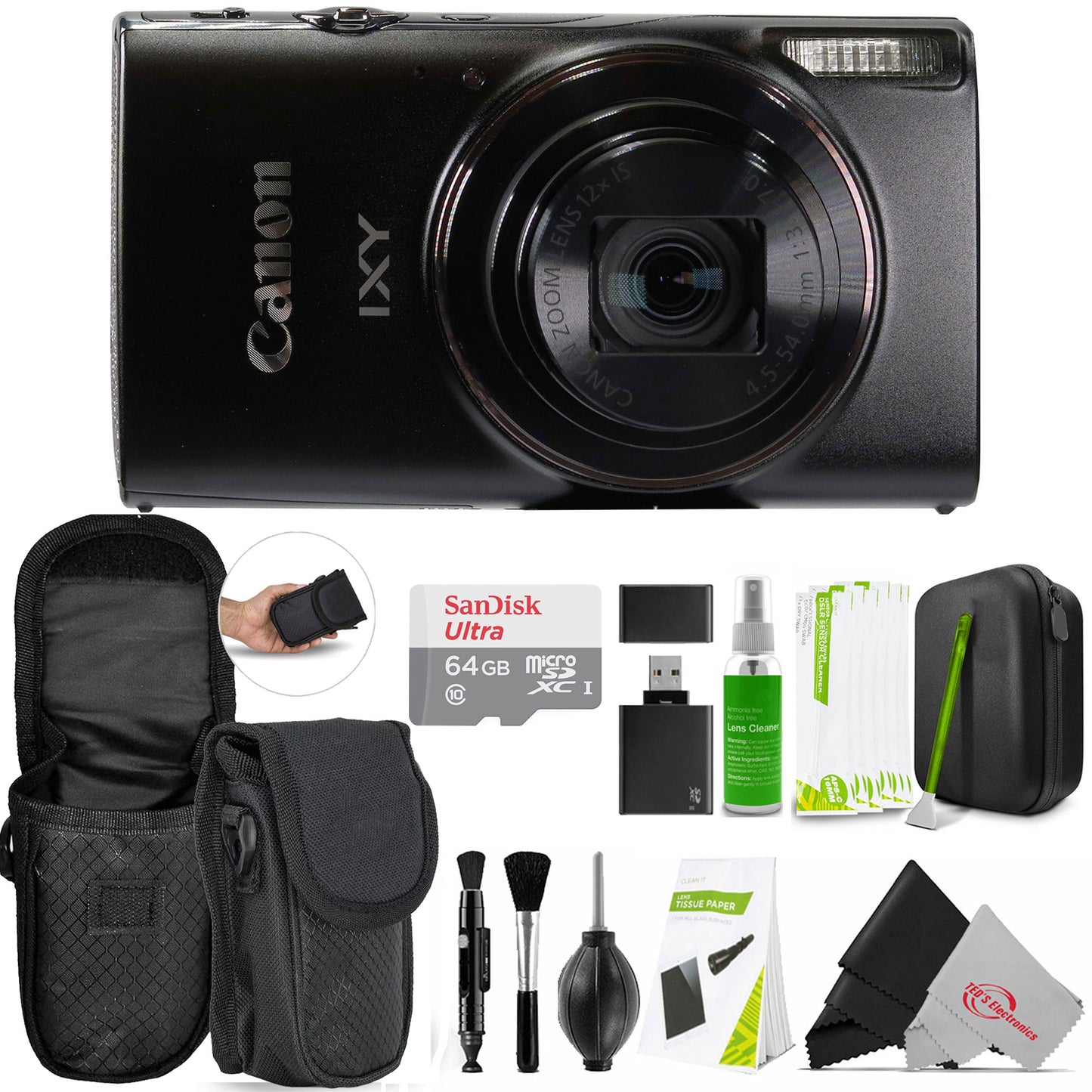 Canon PowerShot IXY 650 HS Black Camera with 64GB MicroSD, Card Reader, Carrying Case, Cleaning Kit